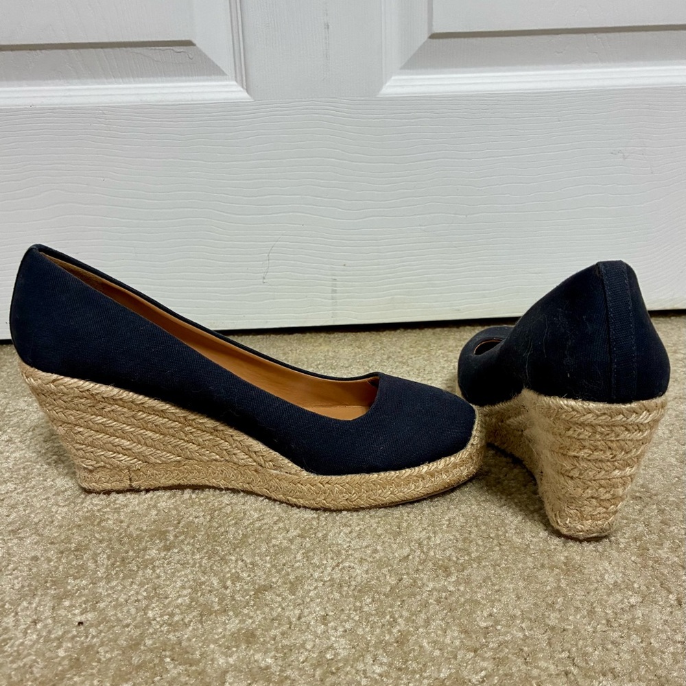 J Crew wedge espadrille sandals closed toe navy stacked heel